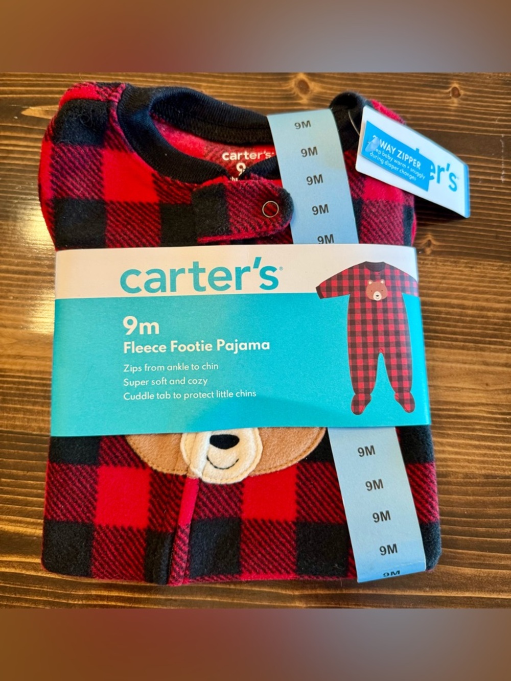 Carter's Red & Black Buffalo Plaid Fleece Footie Zip up Pajama with Bear 9 mos